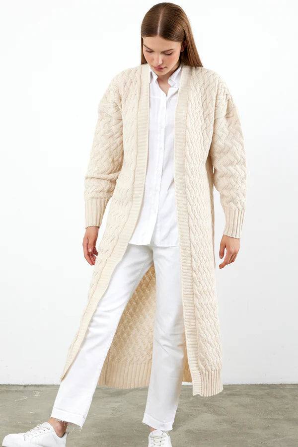 Vav Braided Long Knitted Winter Cardigan Stone