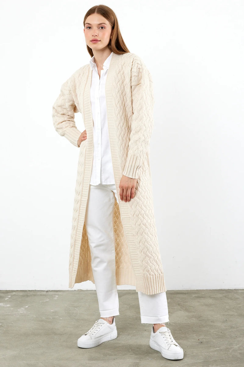 Vav Braided Long Knitted Winter Cardigan Stone