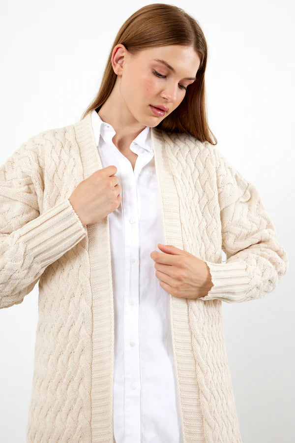 Vav Braided Long Knitted Winter Cardigan Stone