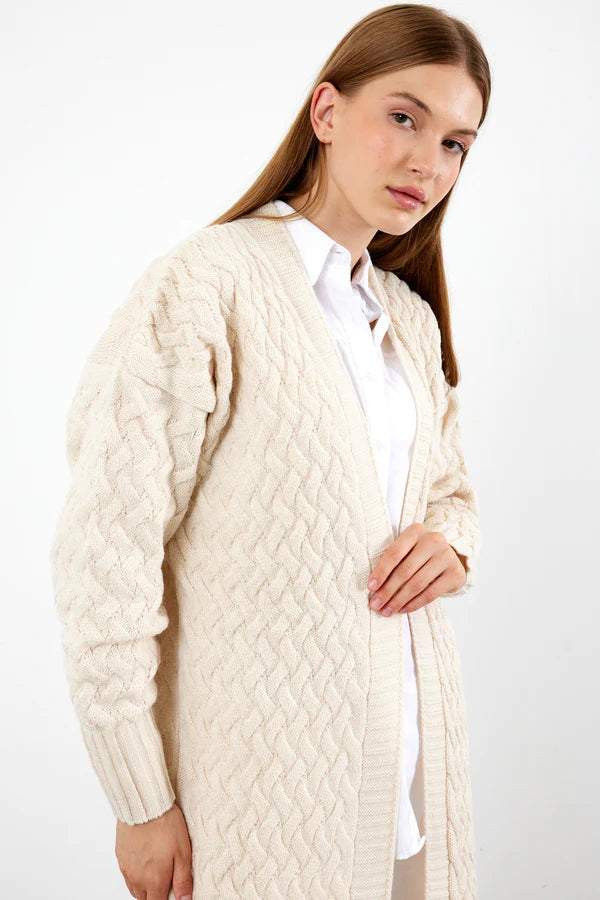 Vav Braided Long Knitted Winter Cardigan Stone