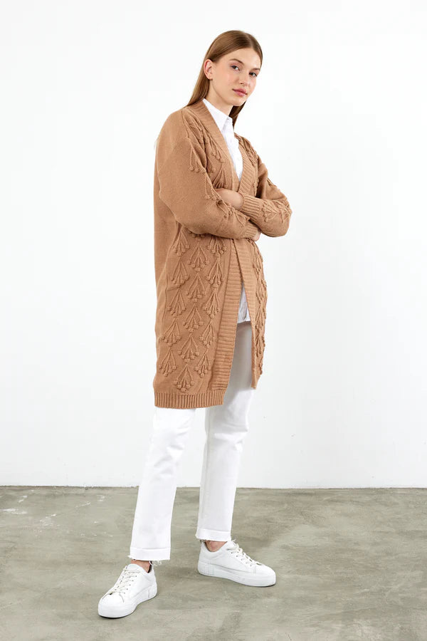 Vav Cherry Embossed Knitted Winter Cardigan Camel