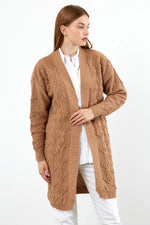 Vav Cherry Embossed Knitted Winter Cardigan Camel