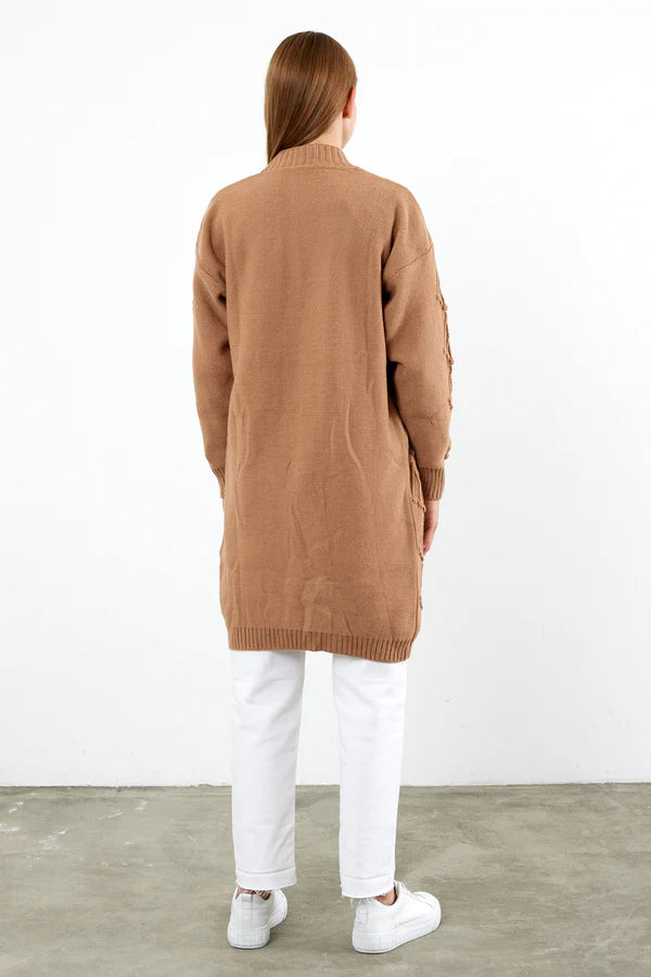 Vav Cherry Embossed Knitted Winter Cardigan Camel