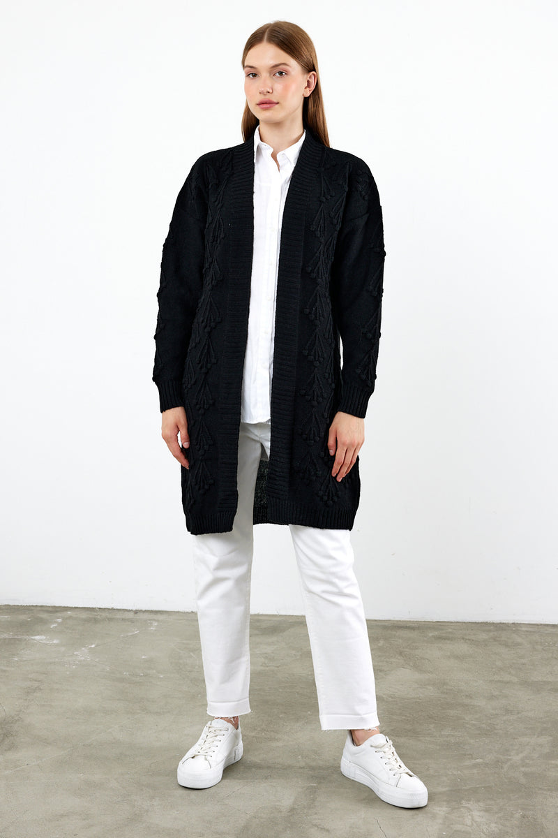 Vav Cherry Embossed Knitted Winter Cardigan Black