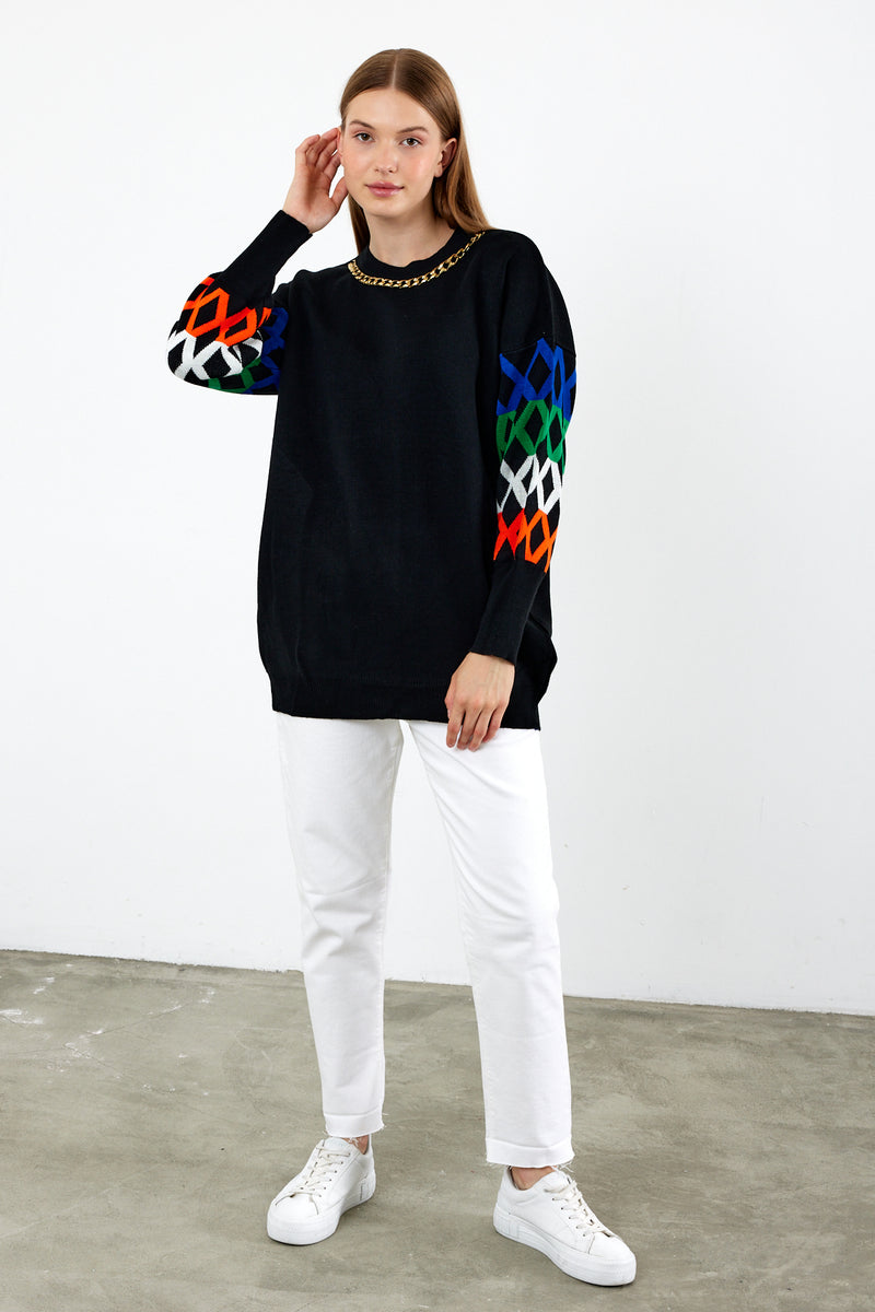 Vav X Chain Detailed Knitted Winter Sweater Black