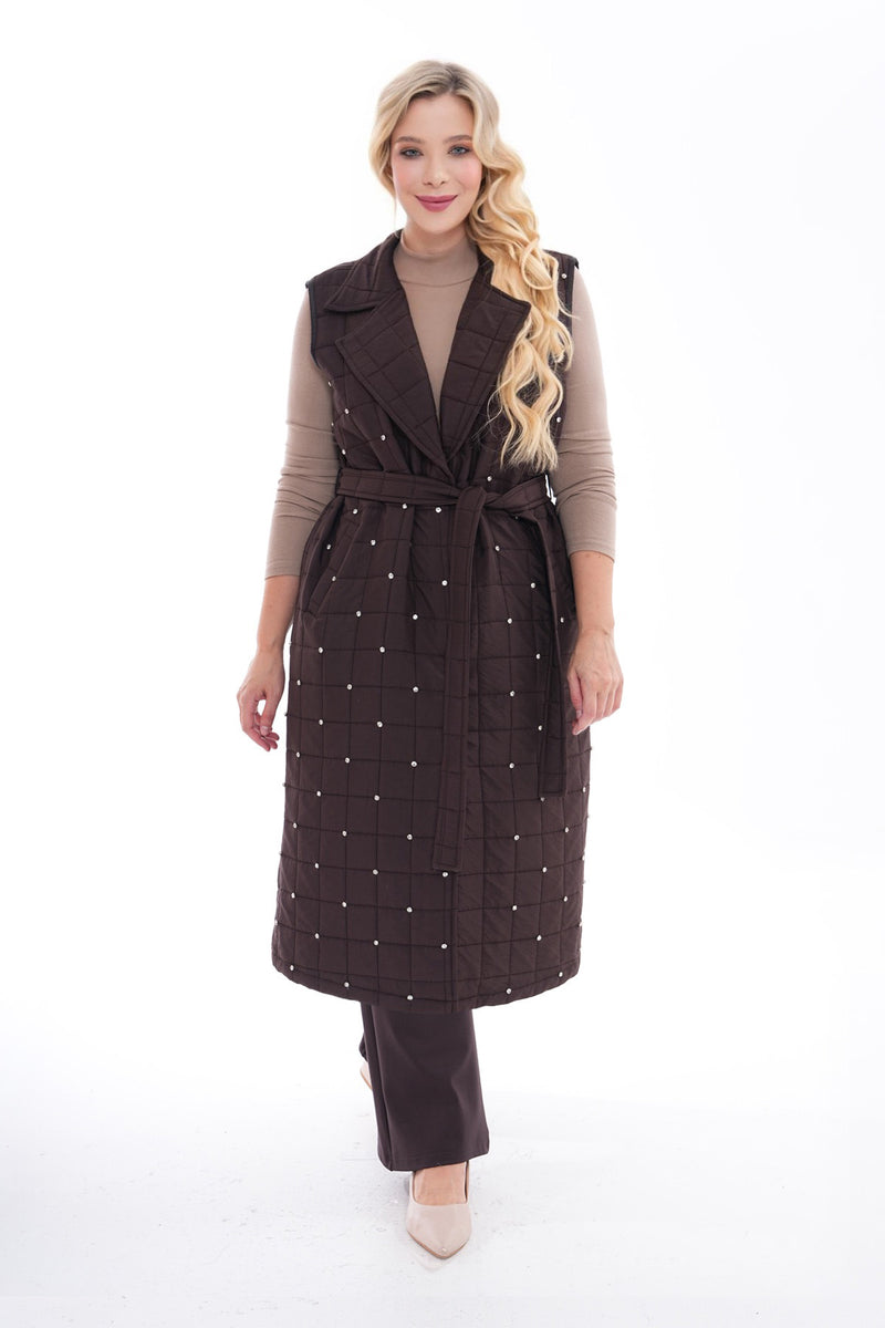DL Quilted Rhinestone Vest Brown