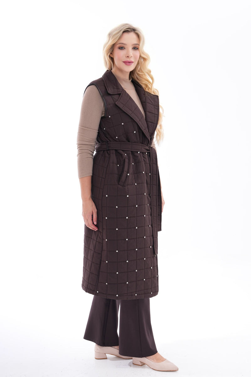 DL Quilted Rhinestone Vest Brown