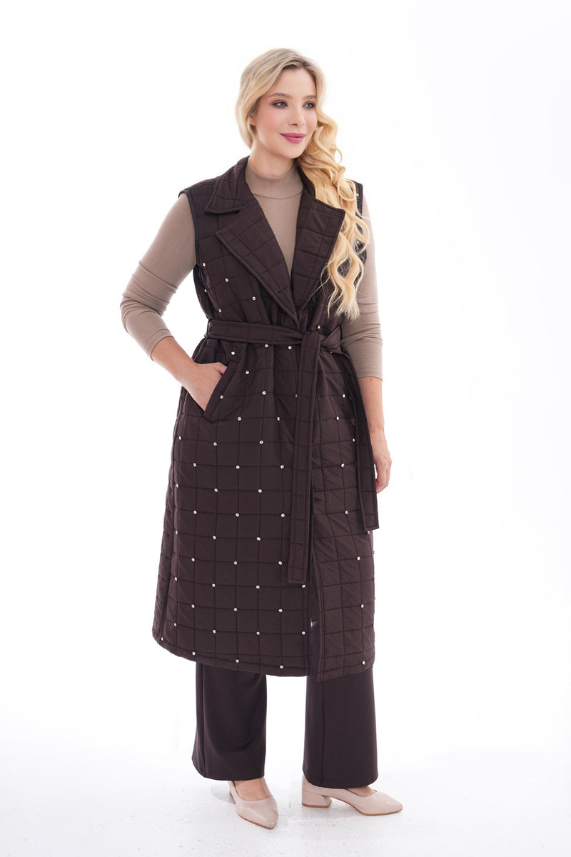 DL Quilted Rhinestone Vest Brown