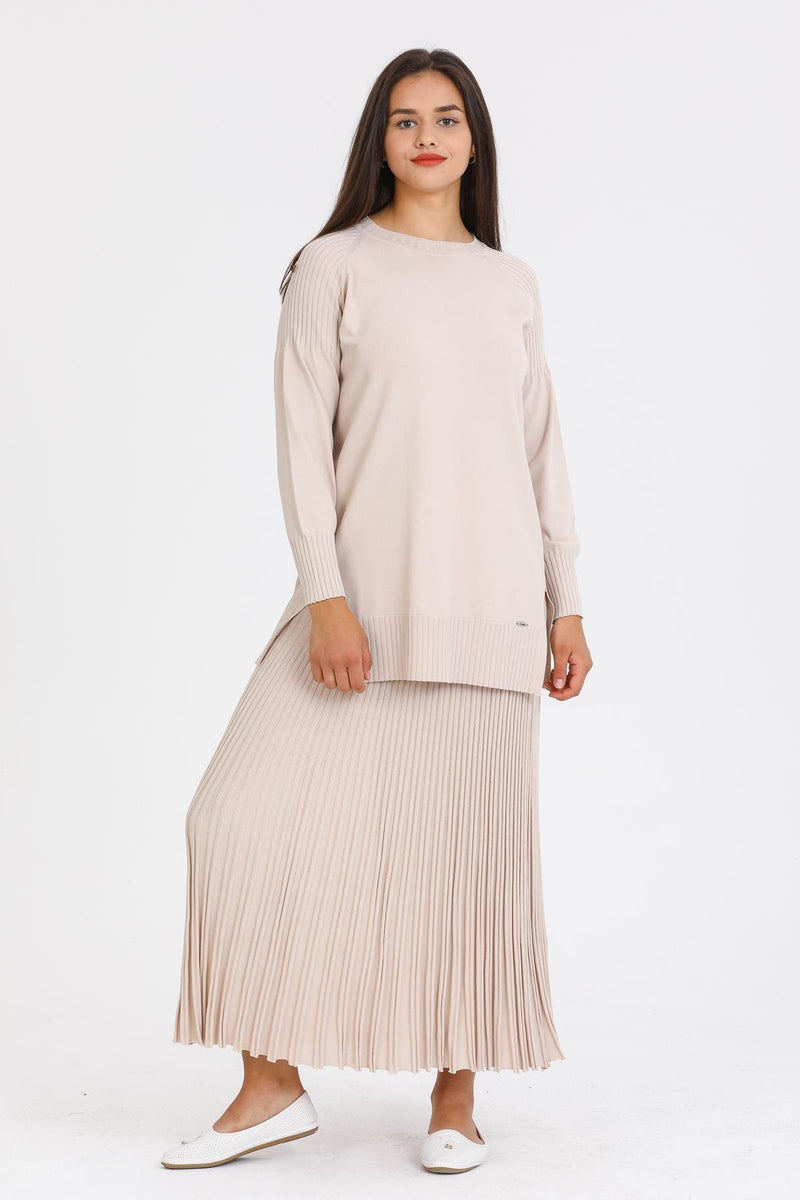 NLW Rip Knitted Pleated Skirt Beige