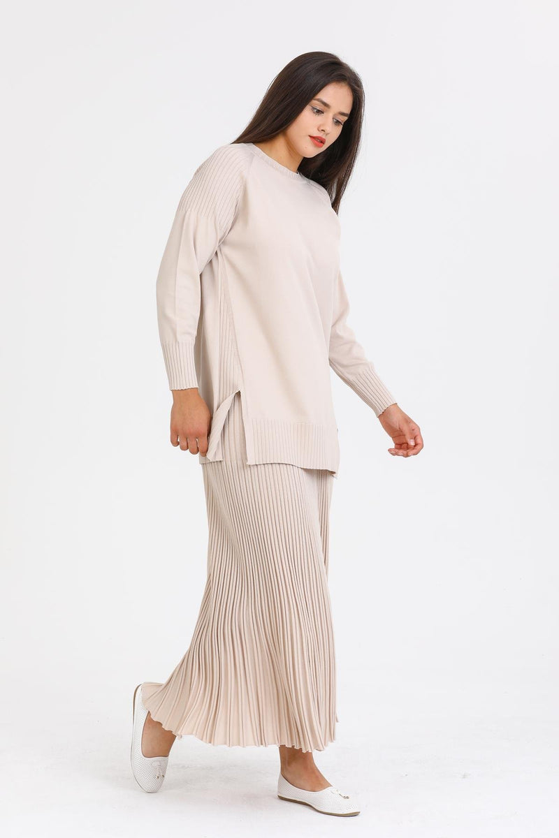 NLW Rip Knitted Pleated Skirt Beige