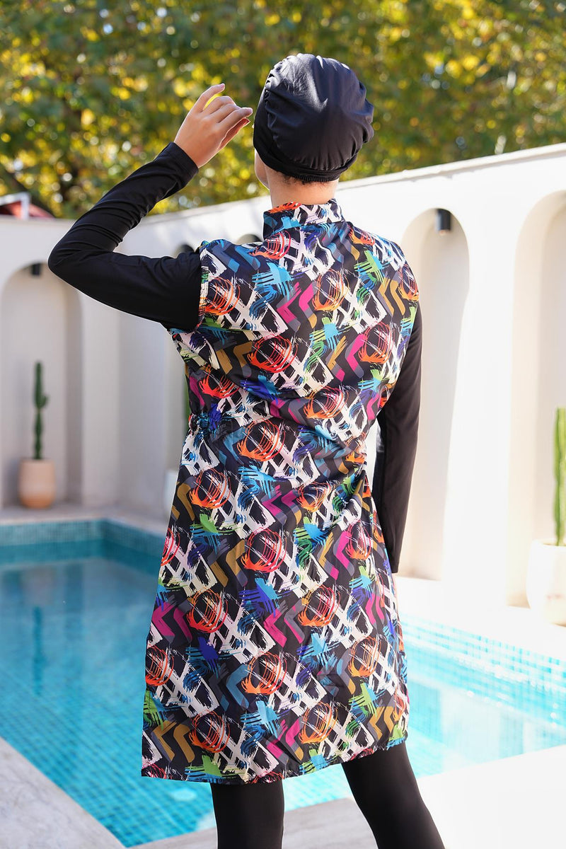SX Printed Zipup Swimsuit Black