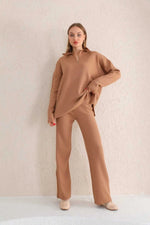 DZL Zip Detailed Knitted Set Camel