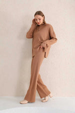 DZL Zip Detailed Knitted Set Camel