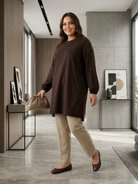 SR Pearl Embellished Plus Tunic Brown