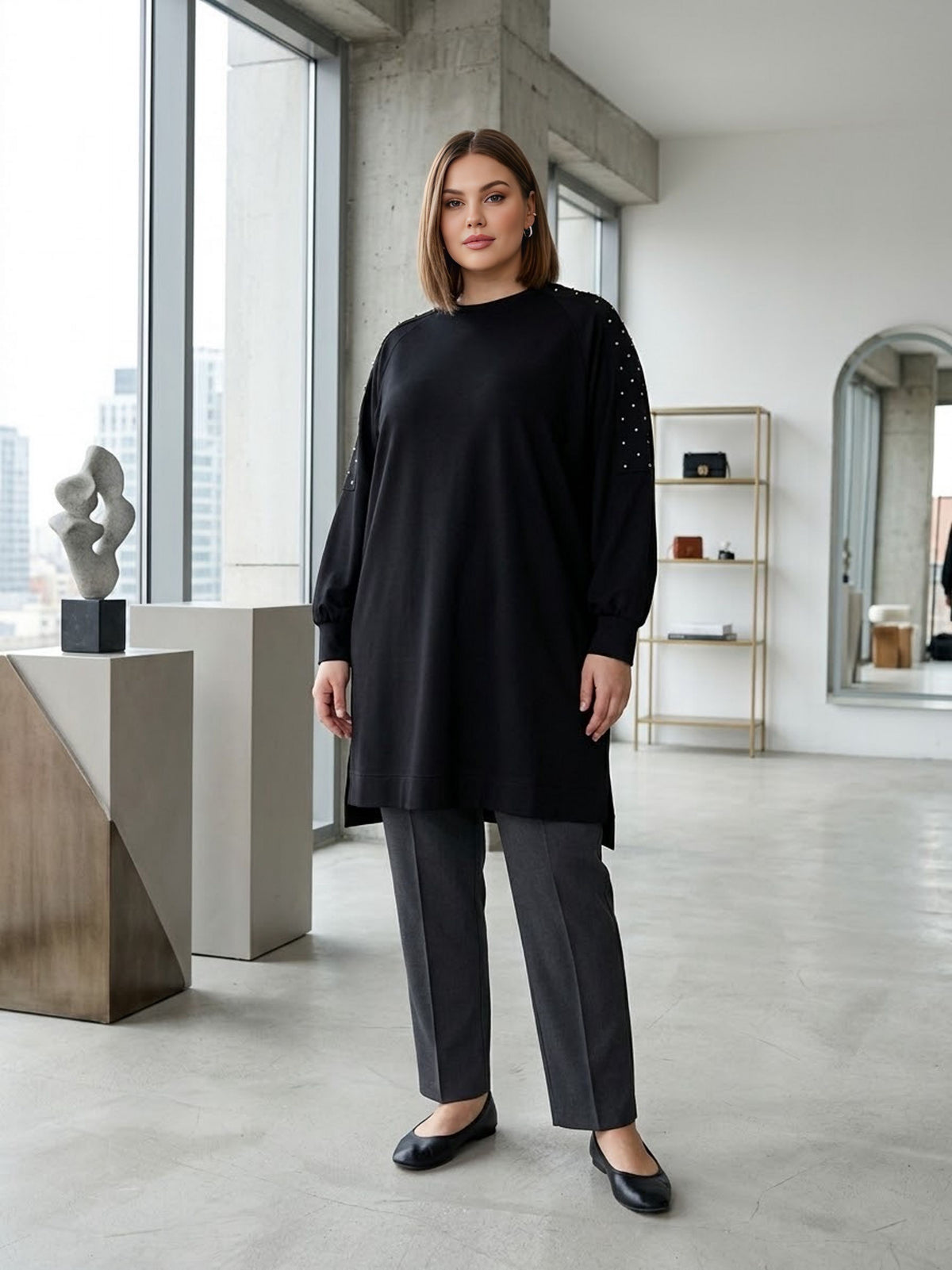 SR Pearl Embellished Plus Tunic Black