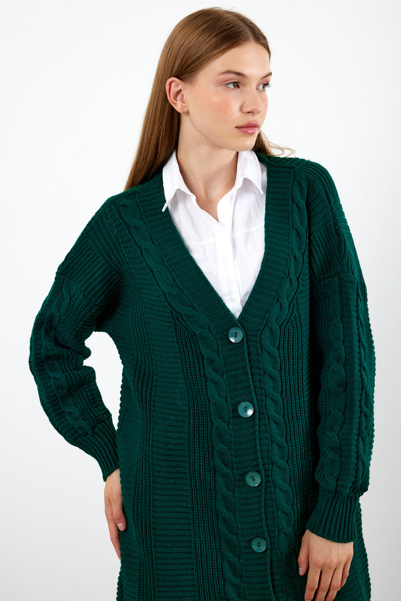 Vav Buttoned Down Twisted Knitted Winter Cardigan Green