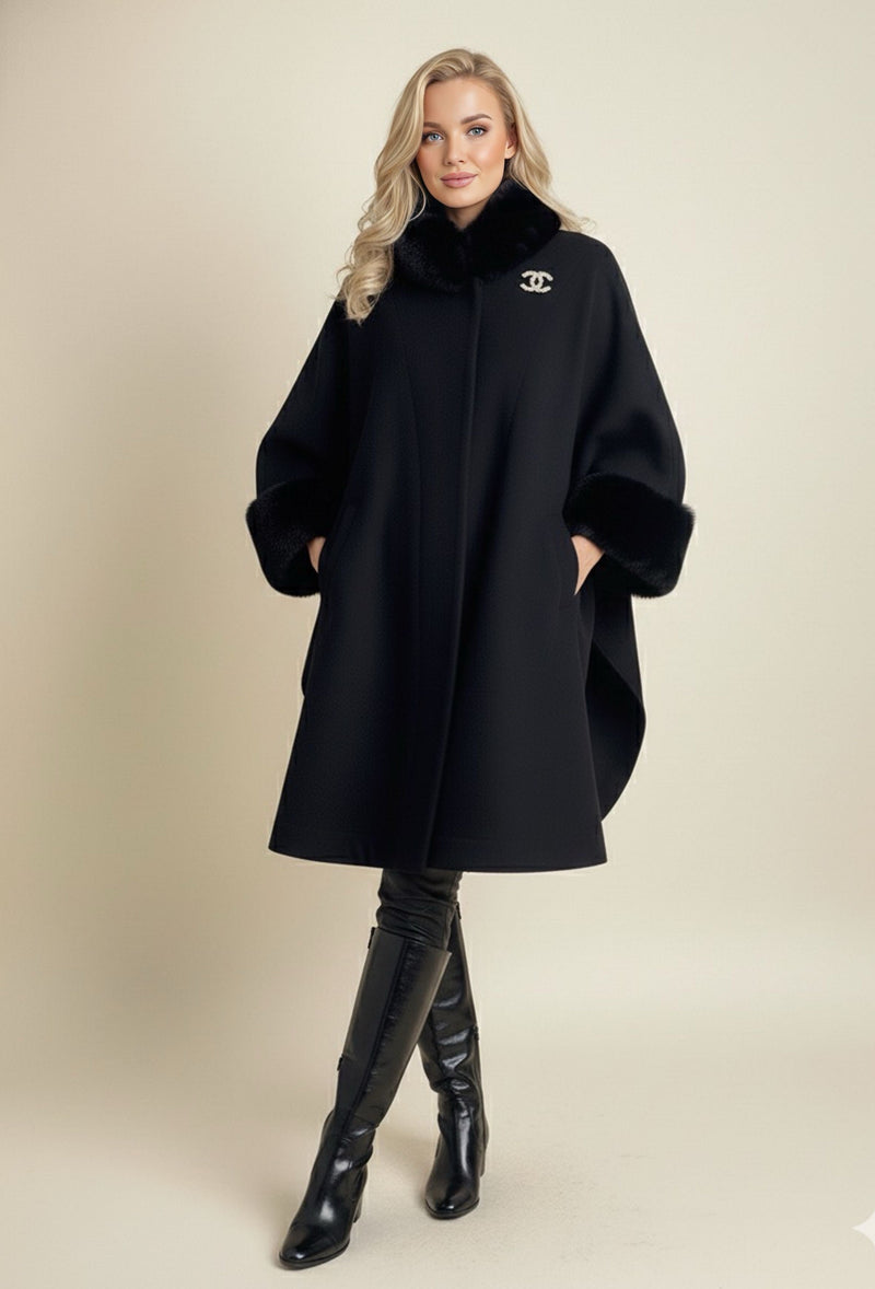 BZ Faux Fur Pancho Coat Black