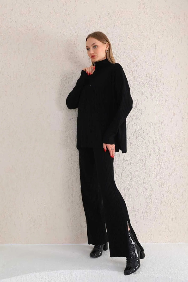 DZL Zip Detailed Knitted Set Black