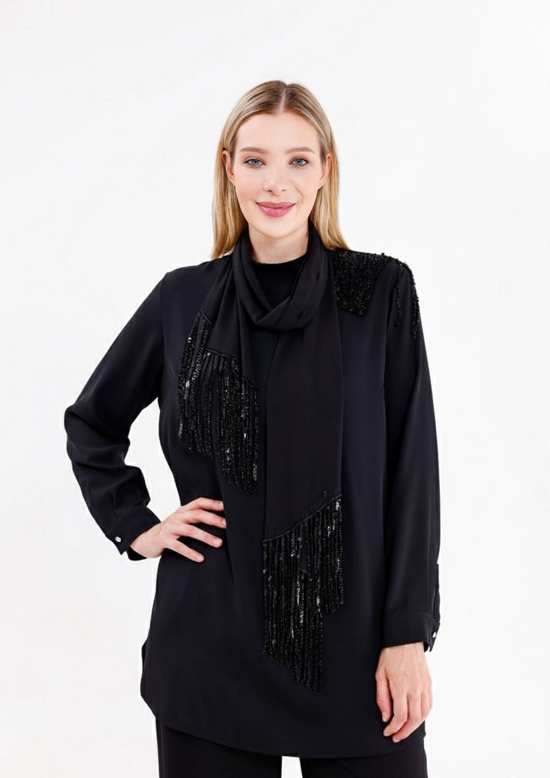 F&G Shawl Detailed Tunic Black