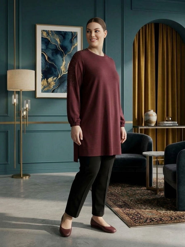 SR Pearl Embellished Plus Tunic Burgundy