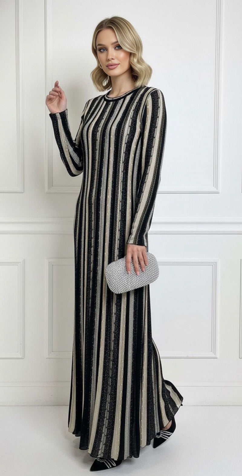 Invee High Quality Knitted Dress Black&Beige