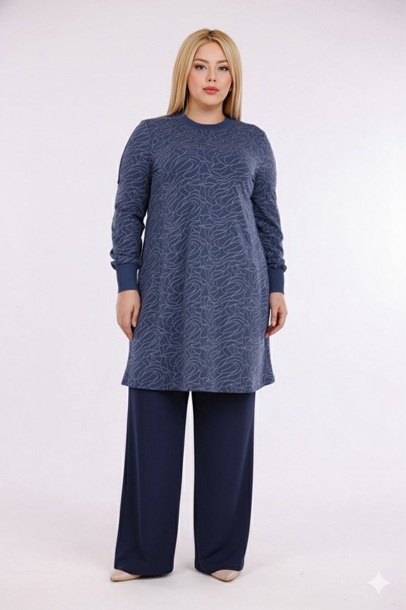 DL Rib Detail Printed Tunic Navy Blue