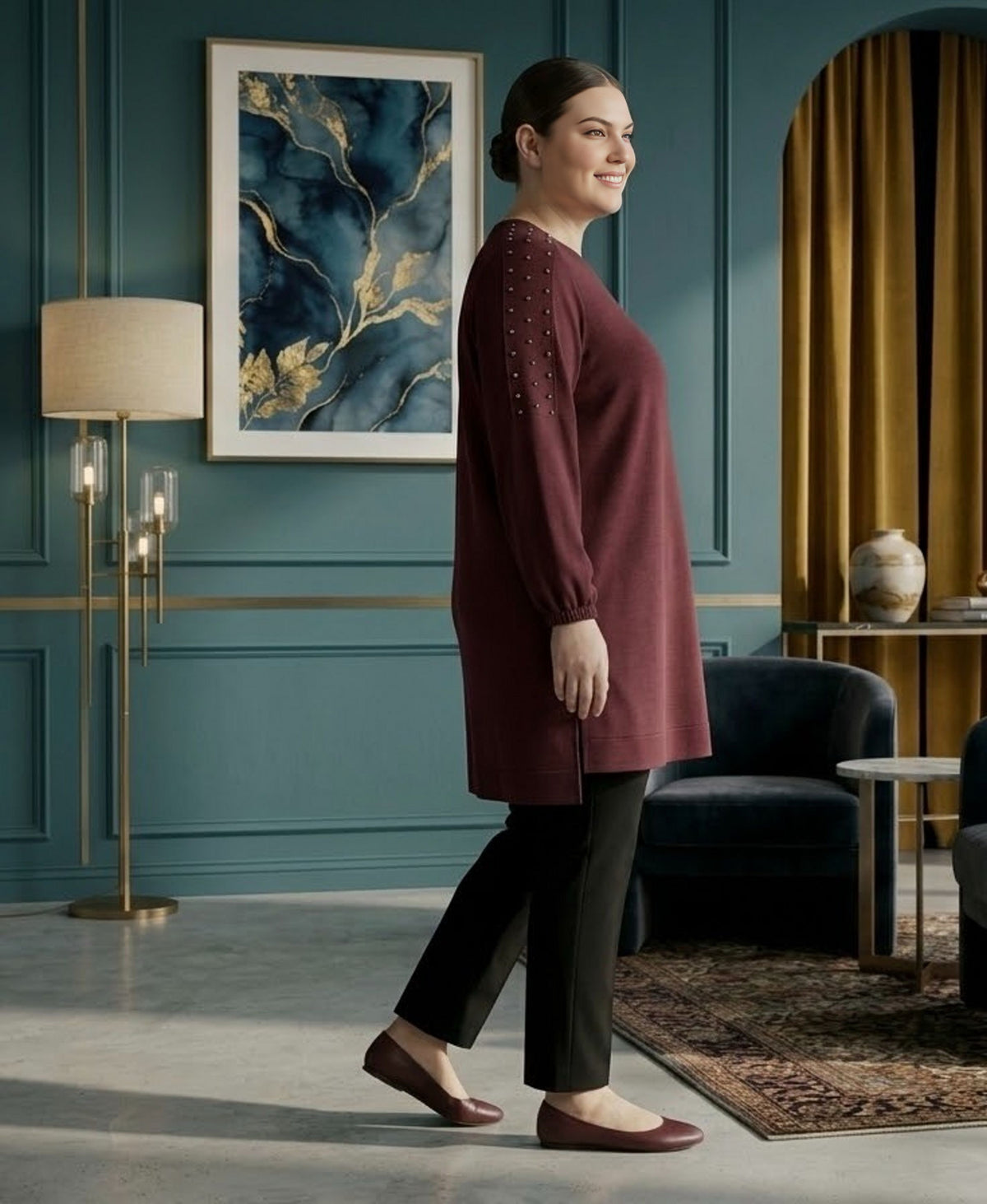 SR Pearl Embellished Plus Tunic Burgundy