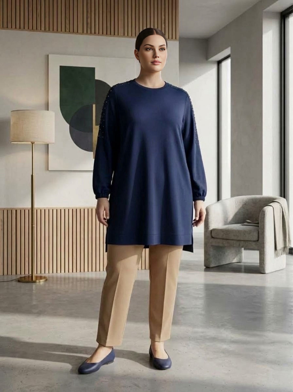 SR Pearl Embellished Plus Tunic Navy Blue