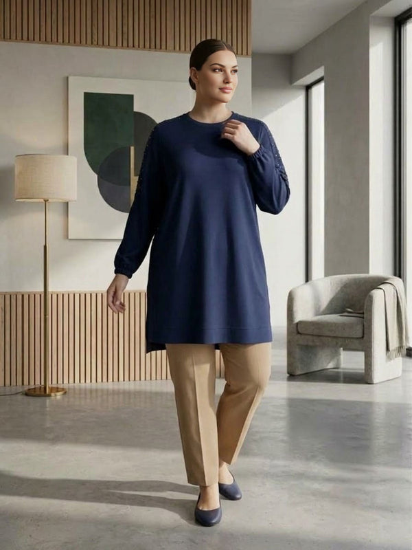 SR Pearl Embellished Plus Tunic Navy Blue