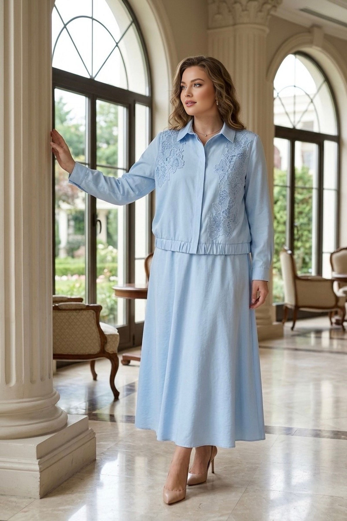FUAT GURSEN Lace Dtld Skirt Set Baby Blue