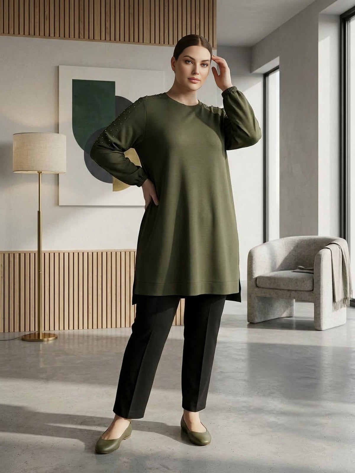 SR Pearl Embellished Plus Tunic Khaki