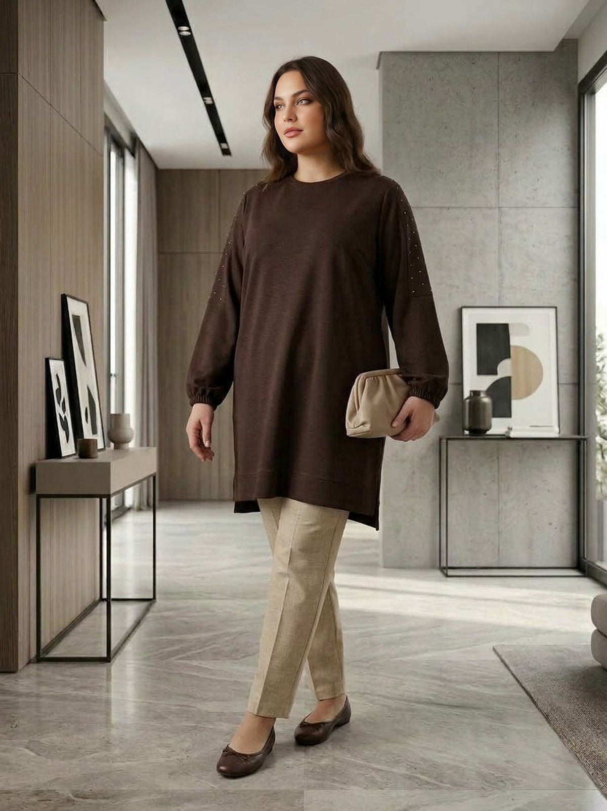 SR Pearl Embellished Plus Tunic Brown