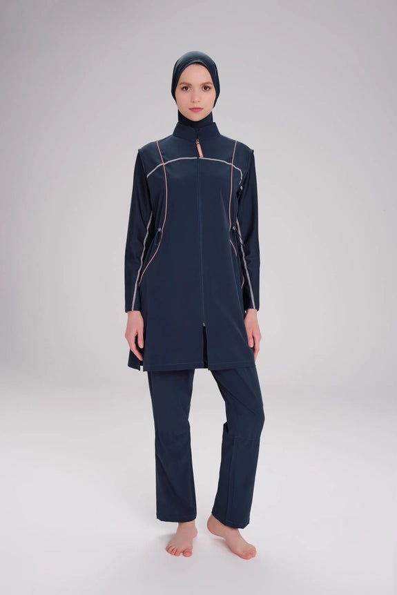 Hasema 4057 Pipe Detailed Swimwear Set Navy Blue
