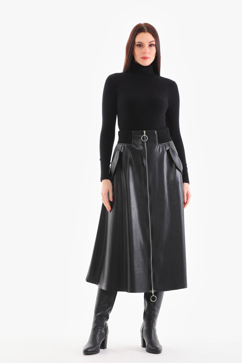 BZ Knitted Belt Leather Skirt Black