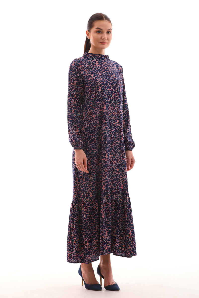 ZK Printed Cotton Dress Navy Blue