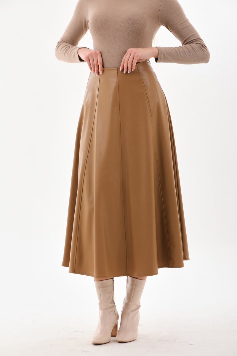 B&A Leather Circular Skirt Camel