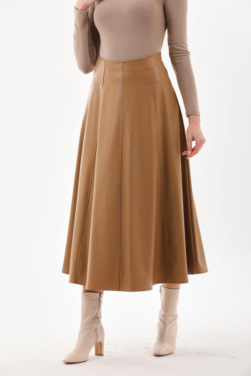 B&A Leather Circular Skirt Camel