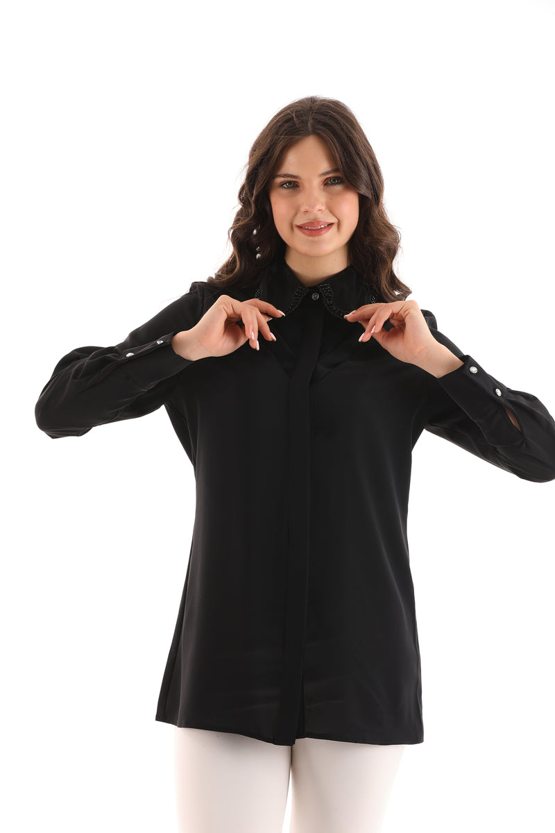 PM Collar Beaded Shirt Black