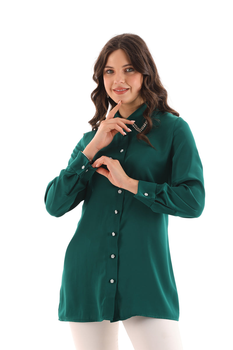 PM Rhinestone Dtld Shirt Emerald
