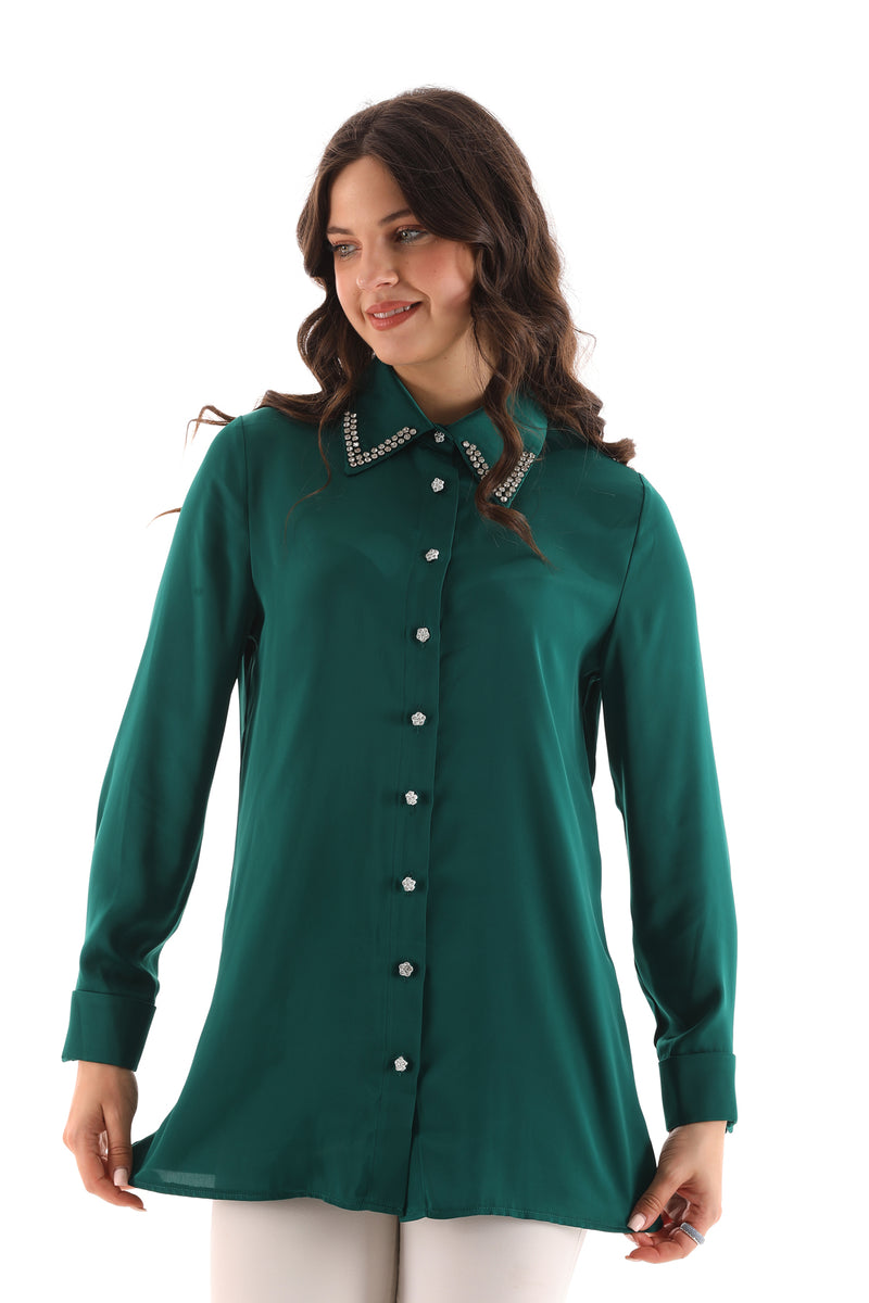 PM Rhinestone Dtld Shirt Emerald