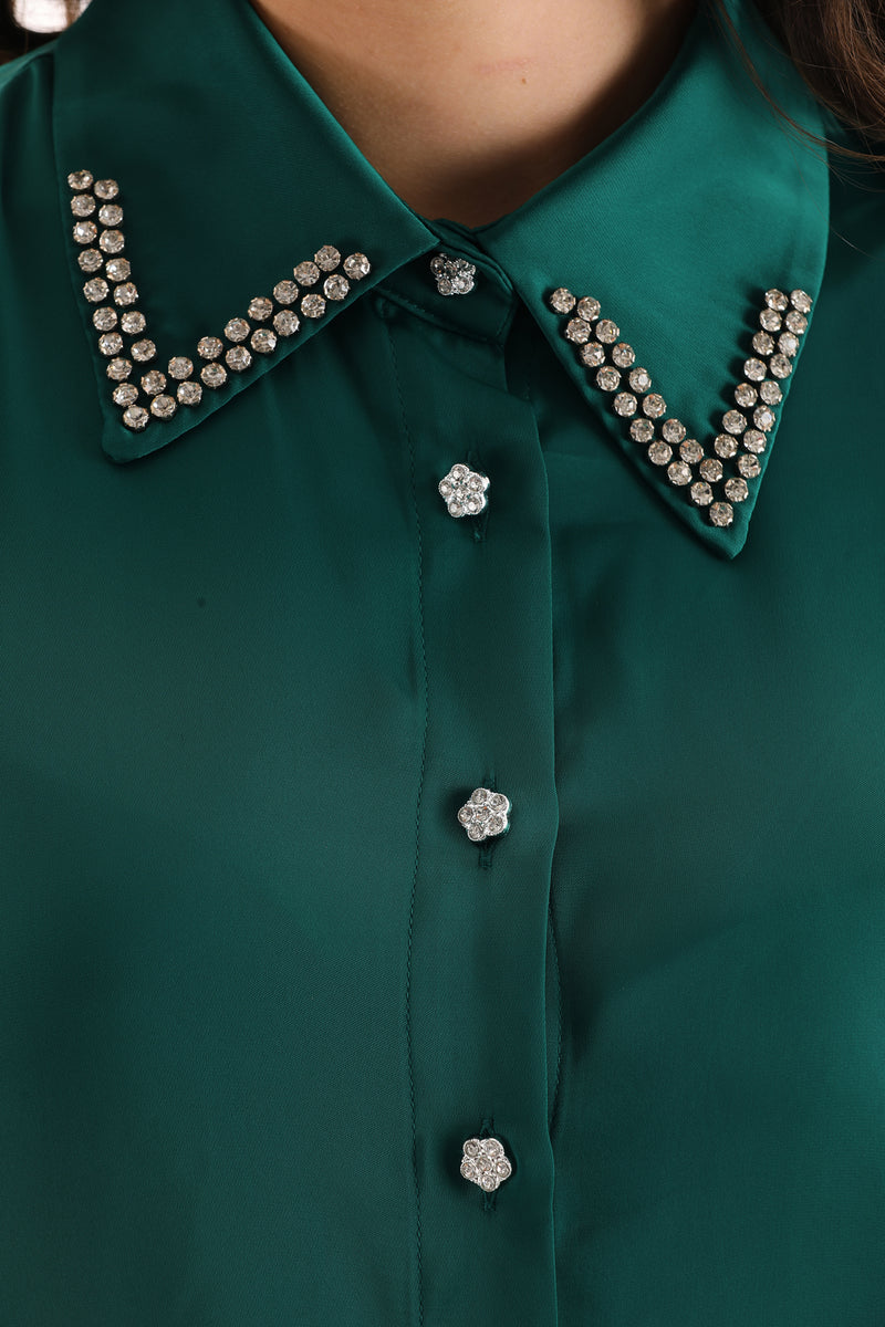 PM Rhinestone Dtld Shirt Emerald