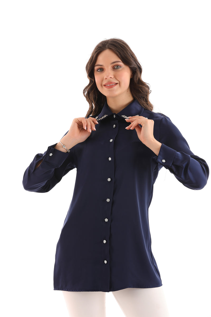PM Rhinestone Dtld Shirt Navy Blue