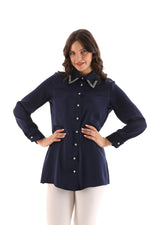 PM Rhinestone Dtld Shirt Navy Blue