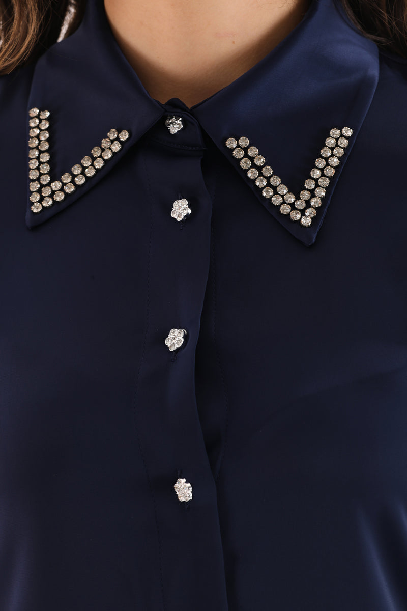 PM Rhinestone Dtld Shirt Navy Blue