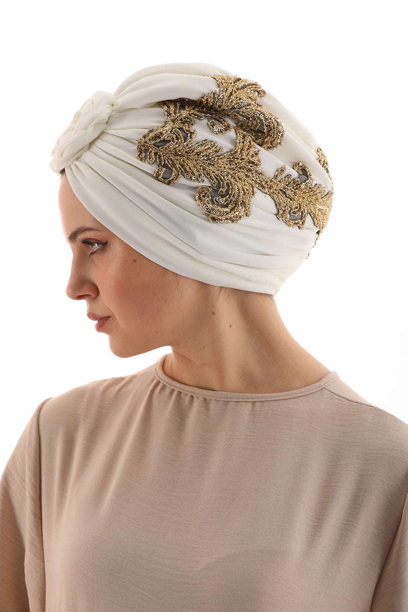 QF Rhinestone Handmade Turban Ecru