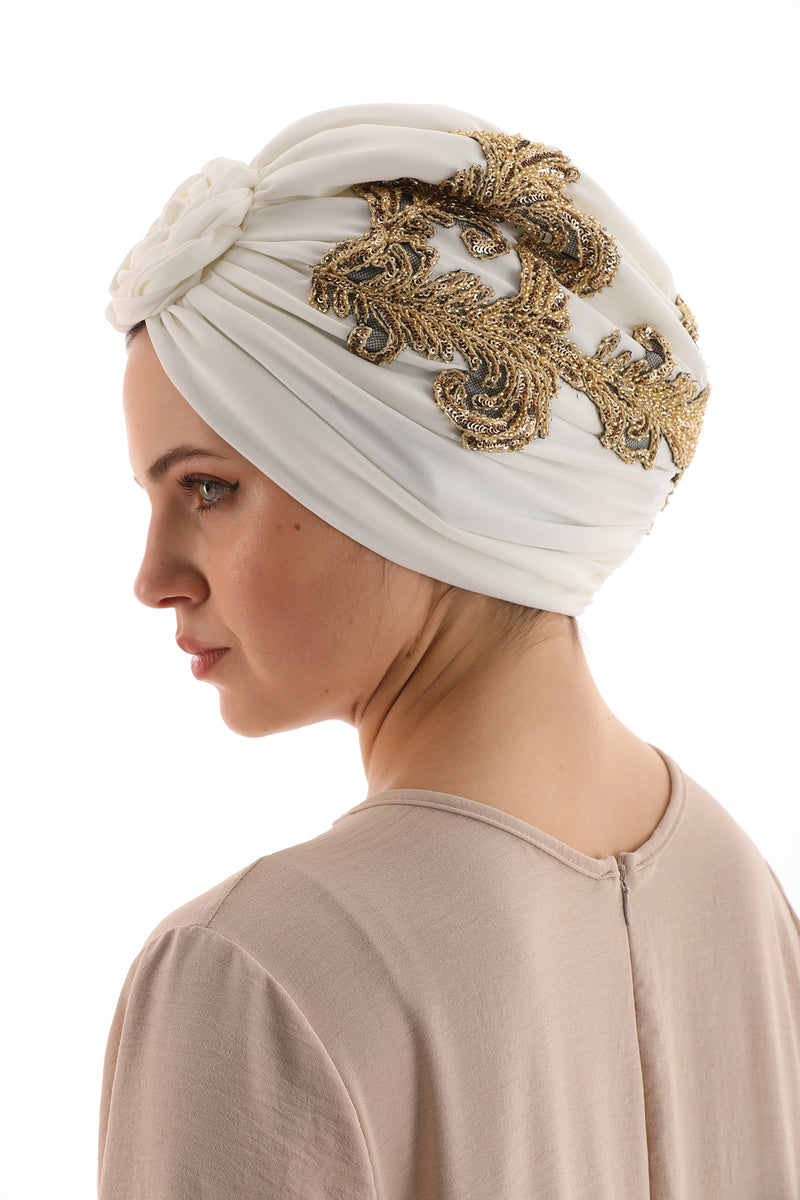 QF Rhinestone Handmade Turban Ecru