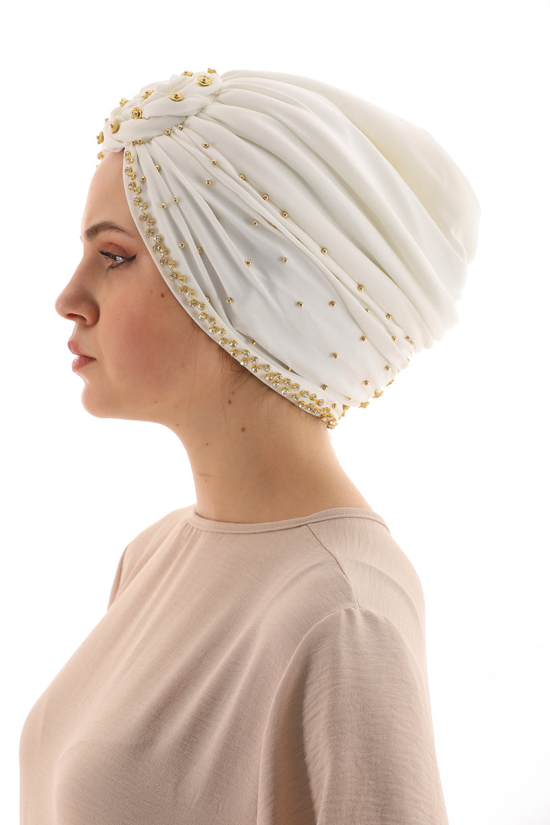 QF Rhinestone Handmade Turban Ecru