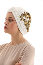 QF Sequin Handmade Turban Ecru