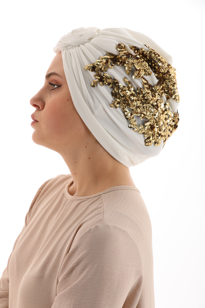 QF Sequin Handmade Turban Ecru