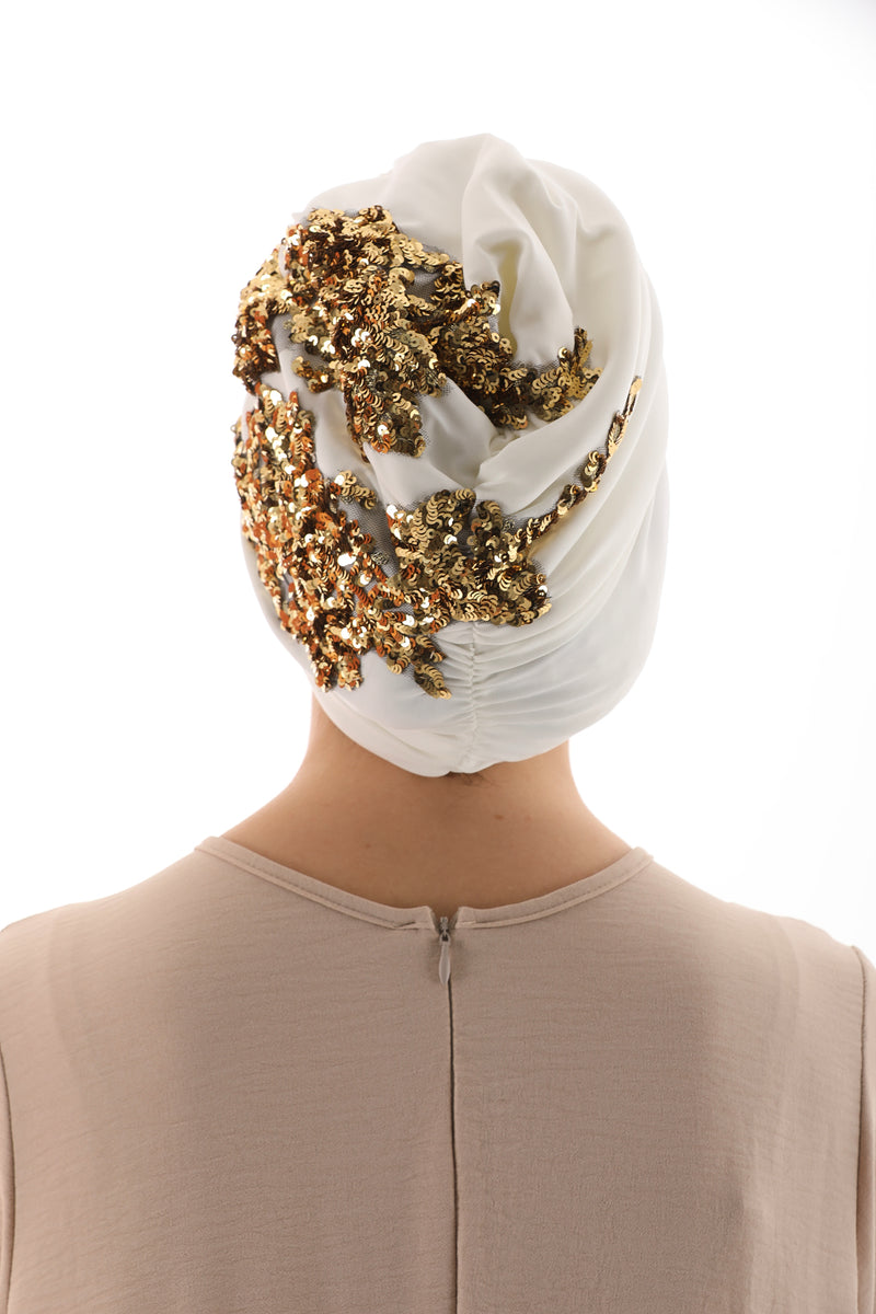 QF Sequin Handmade Turban Ecru